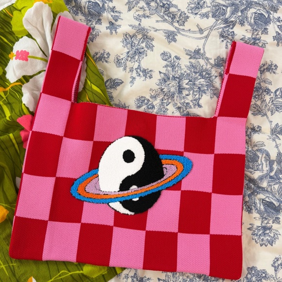 Dressed in LALA Pink and Red Checkered Satchel Knit Bag Purse New - Picture 2 of 7